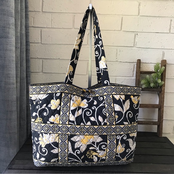 Vera Bradley Yellow Bird Tote Shopper Bag Tic Tac Design Shoulder Purse - Picture 1 of 14